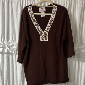 Quacker Factory Brown Tunic with Floral Embellishments